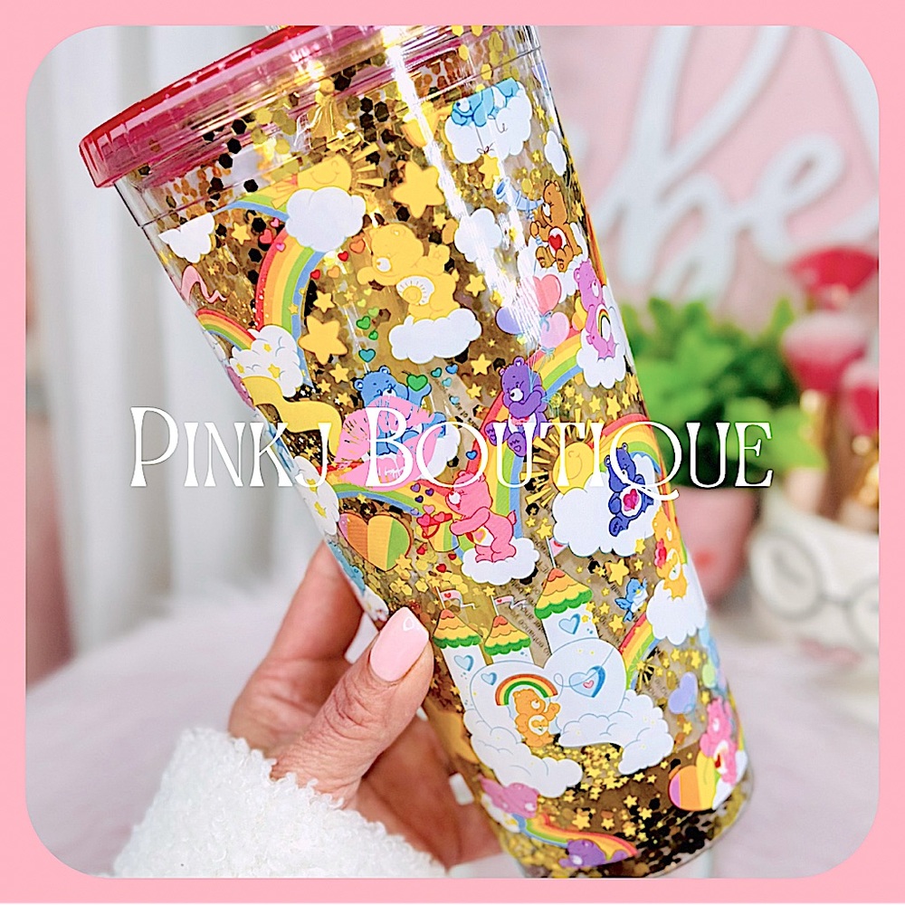 💗🏡{Care Bears} Adorable Pink {Rainbow Gold Confetti} Travel Tumbler Cup!